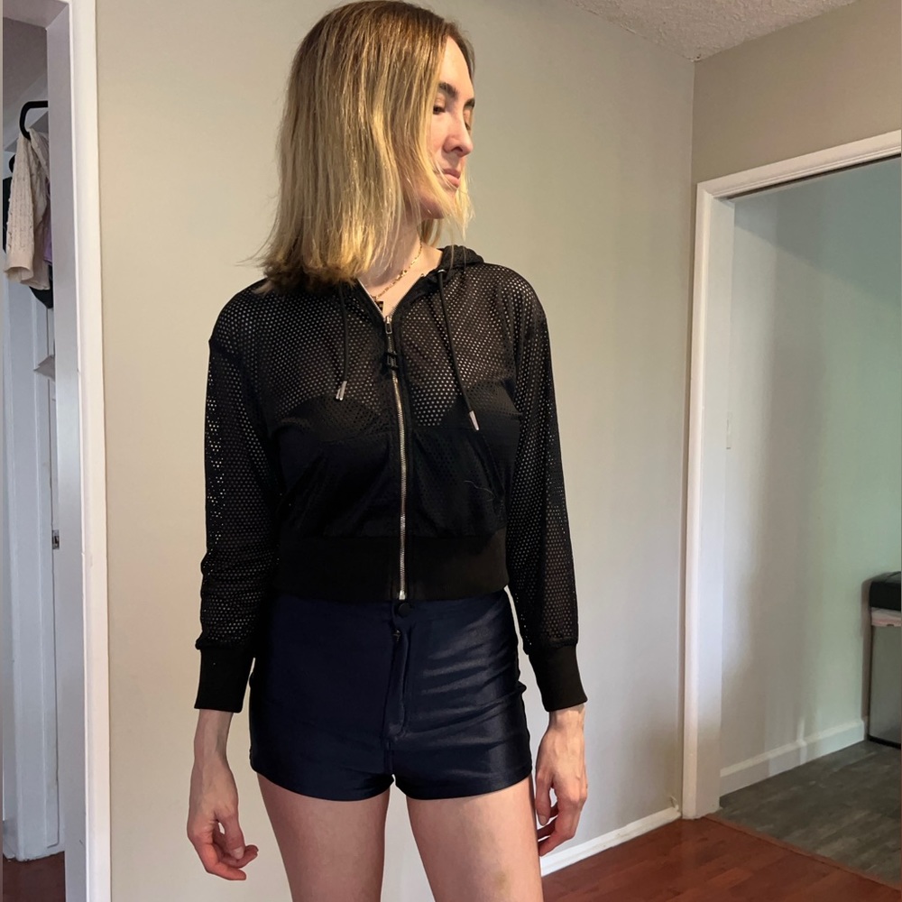 American Apparel high waist blue “Disco” shorts.